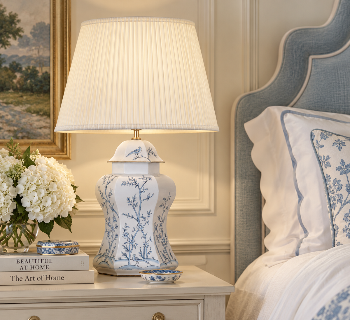 Ivory & Blue Scalloped Hexagon Lamp