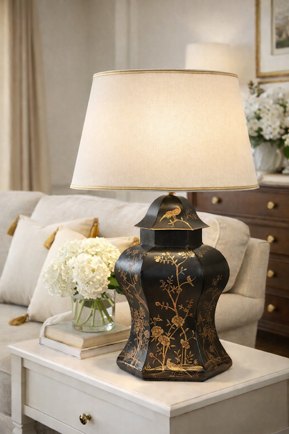 Black & Gold Scalloped Hexagon Lamp