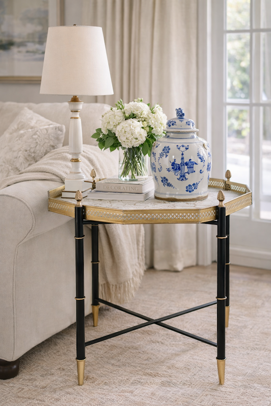 Pewter Octagon Tray with Black Table