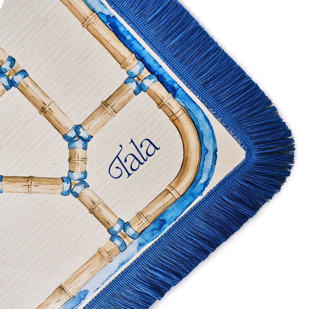 The Pavilion Mahjong Mat - Bamboo Neutral with Blue Fringe