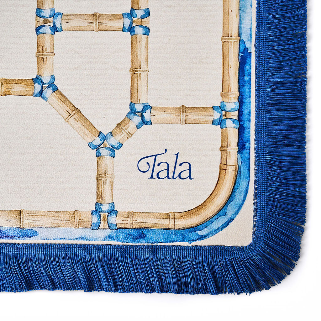 The Pavilion Mahjong Mat - Bamboo Neutral with Blue Fringe