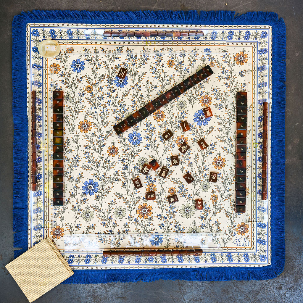 The Montecito Mahjong Mat - Wildflowers with Blue Fringe