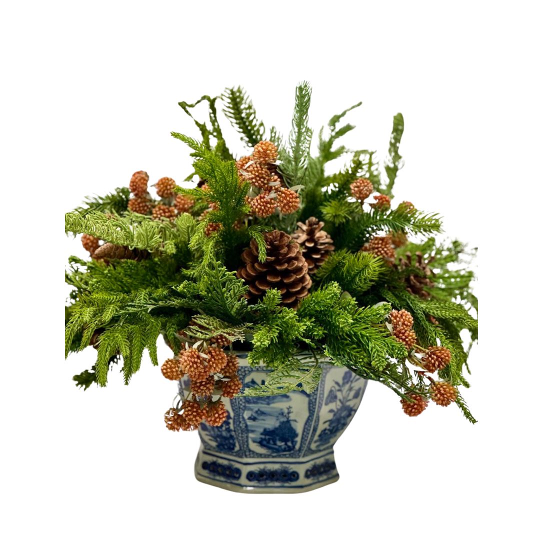 Evergreen, Pinecone, and Berries in Hexagon Planter