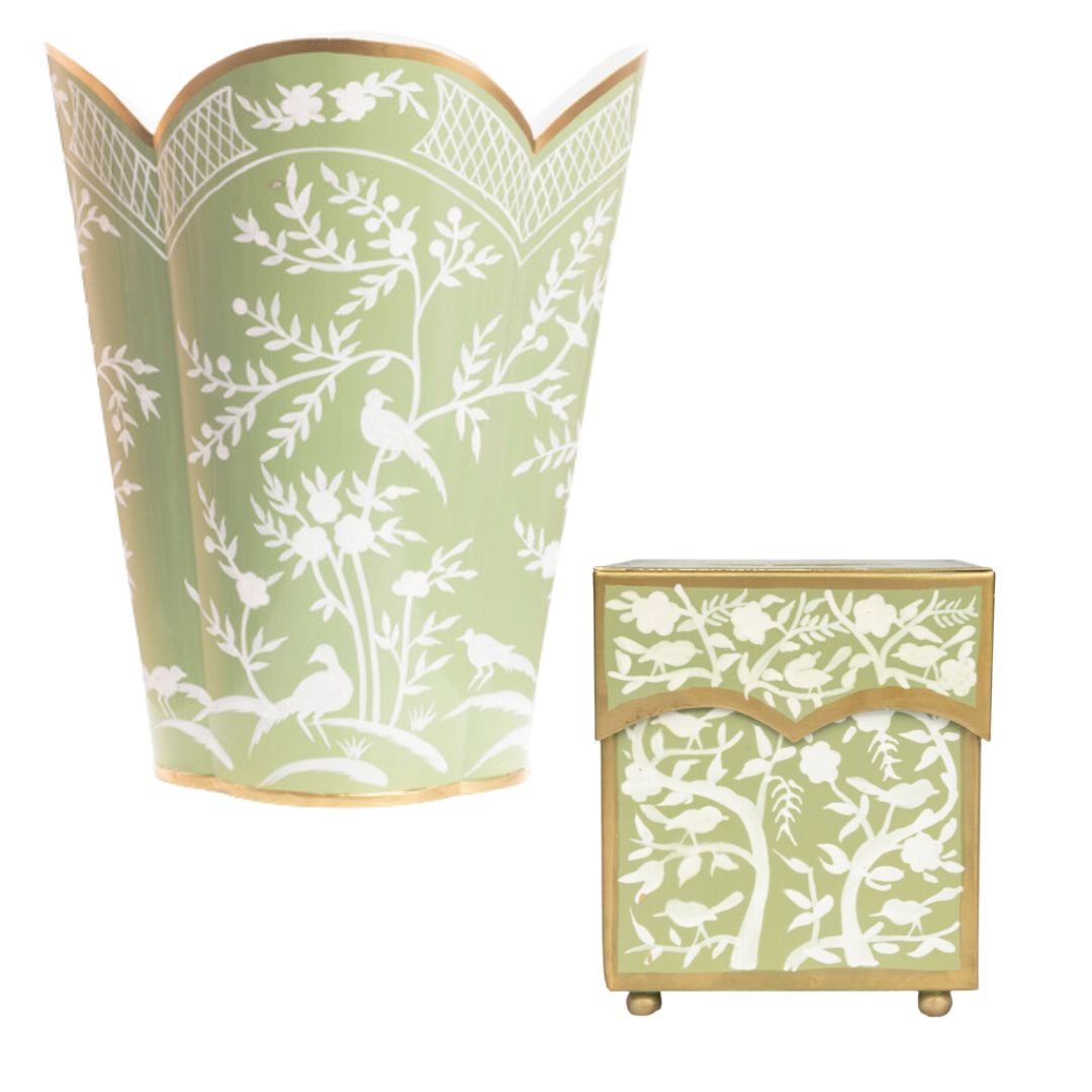 Grass Green & White Wastepaper Basket & Tissue Holder Set