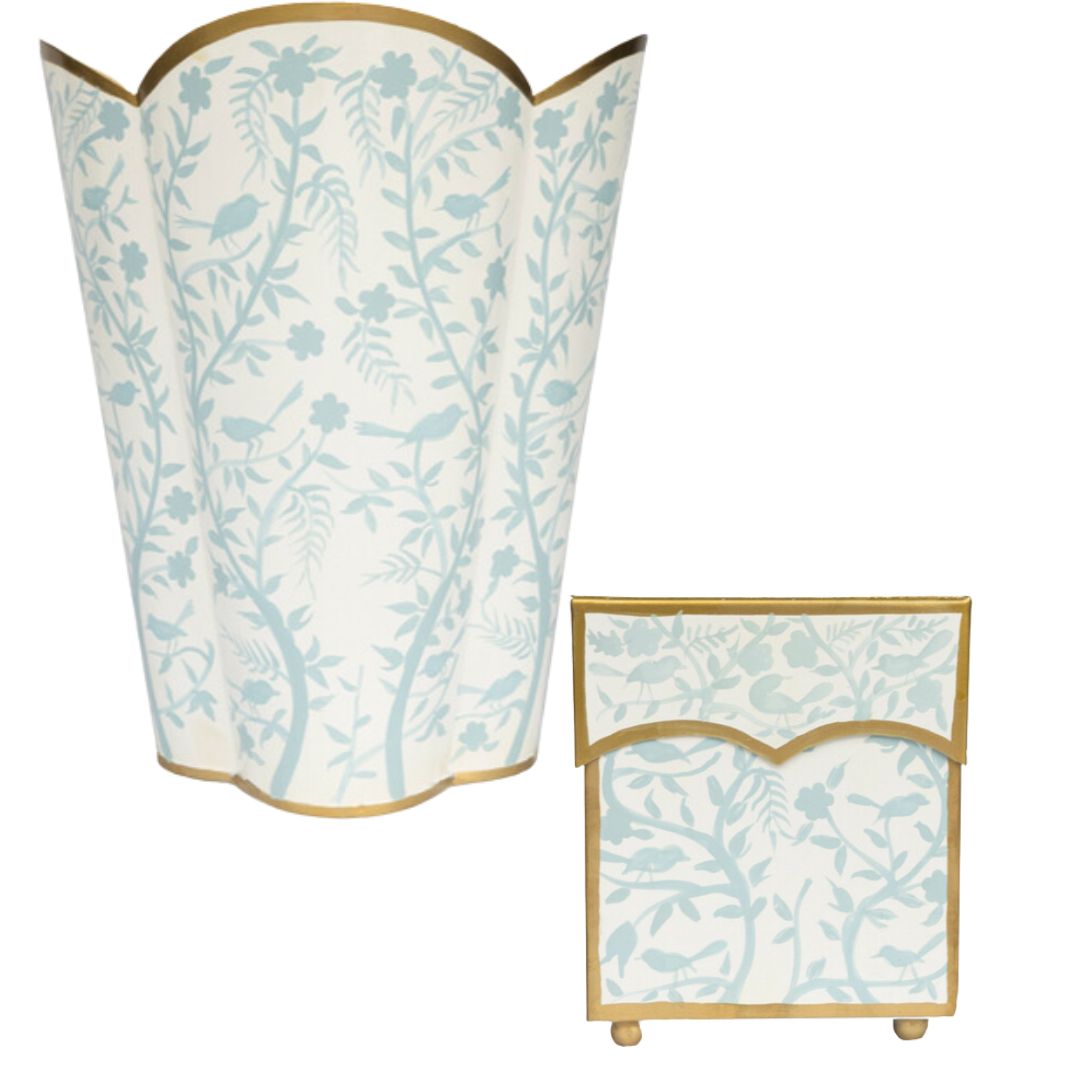 Ivory & Blue Chinoiserie Wastepaper Basket & Tissue Holder Set