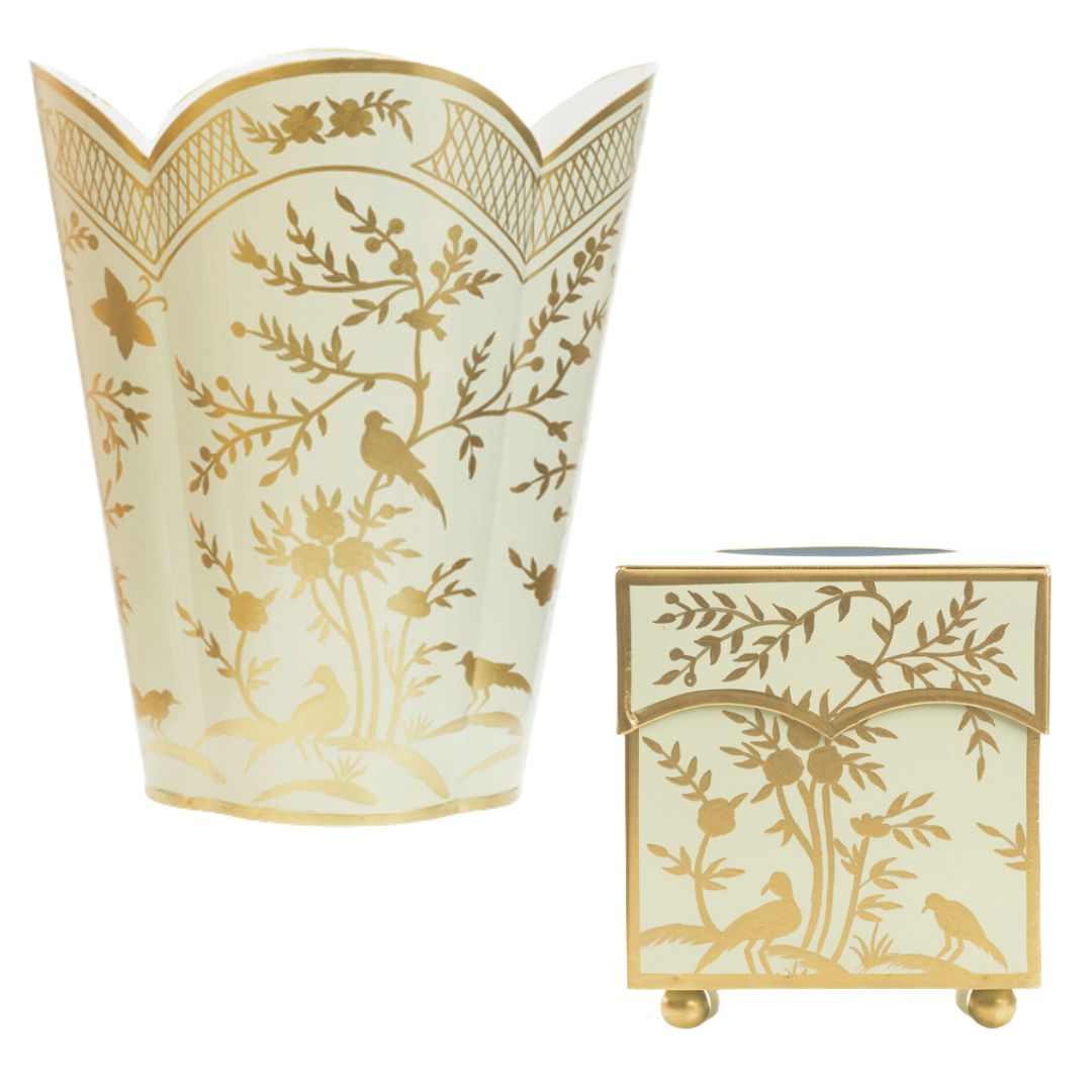 Pale Green & Gold Chinoiserie Wastepaper Basket & Tissue Holder Set