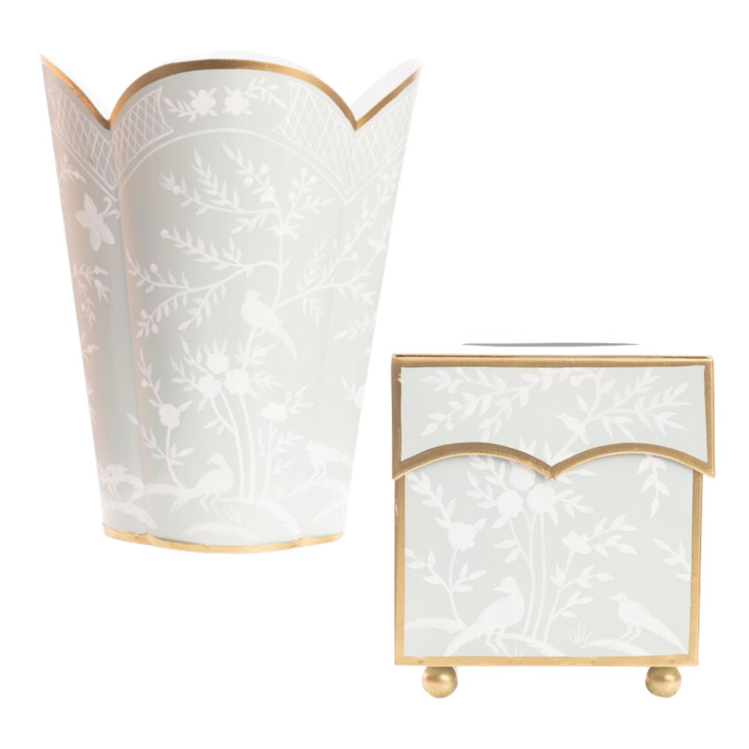 Pale Green & White Chinoiserie Wastepaper Basket & Tissue Holder Set