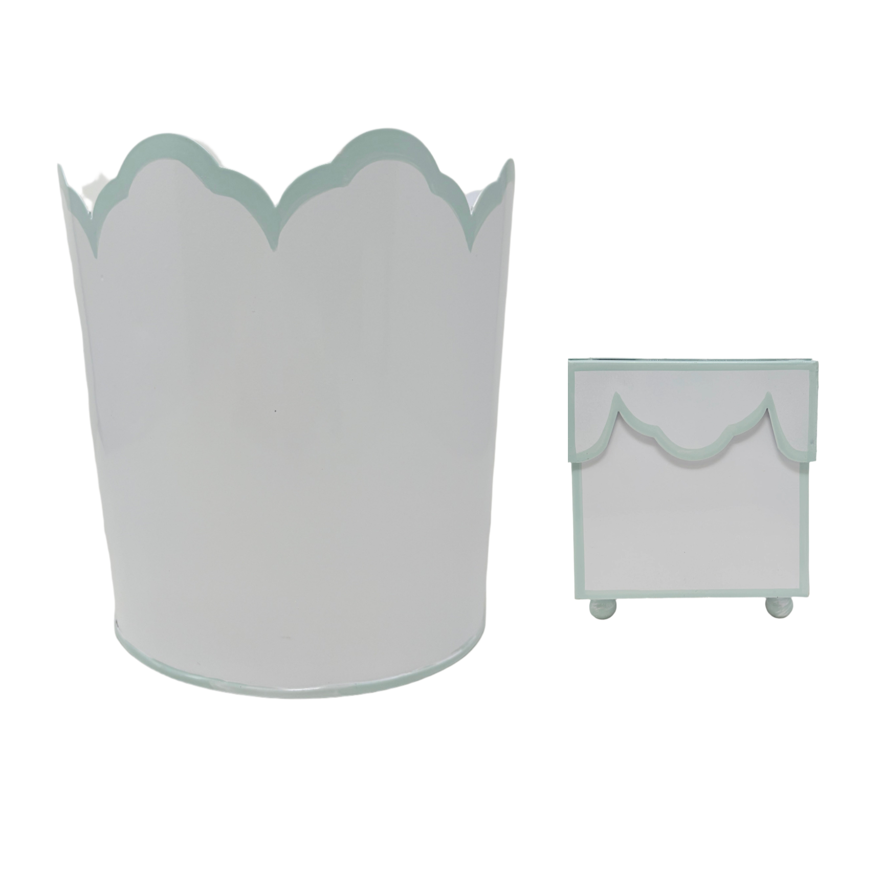 White & Mint Blue Scalloped Tissue Holder & Small Wastepaper Basket