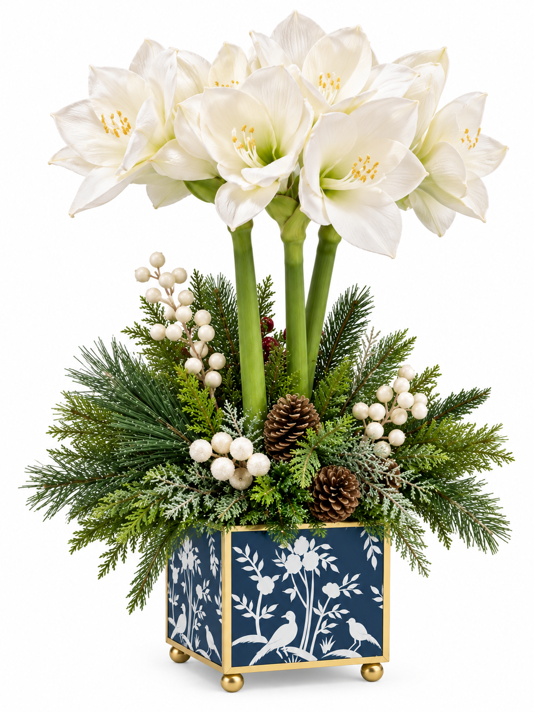White Amaryllis & Winter Greens in Chinoiserie Planter