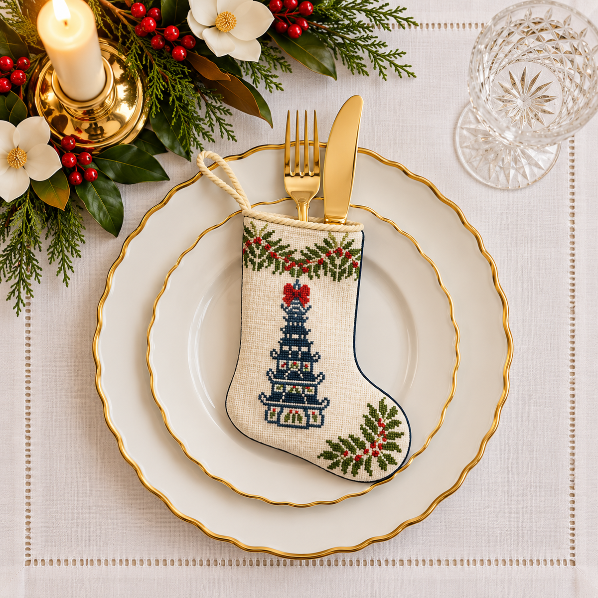 The Christmas Pagoda Needlepoint Stocking (2 Sizes)