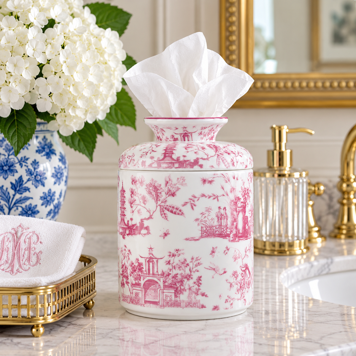 Pink Toile Porcelain Round Tissue Box