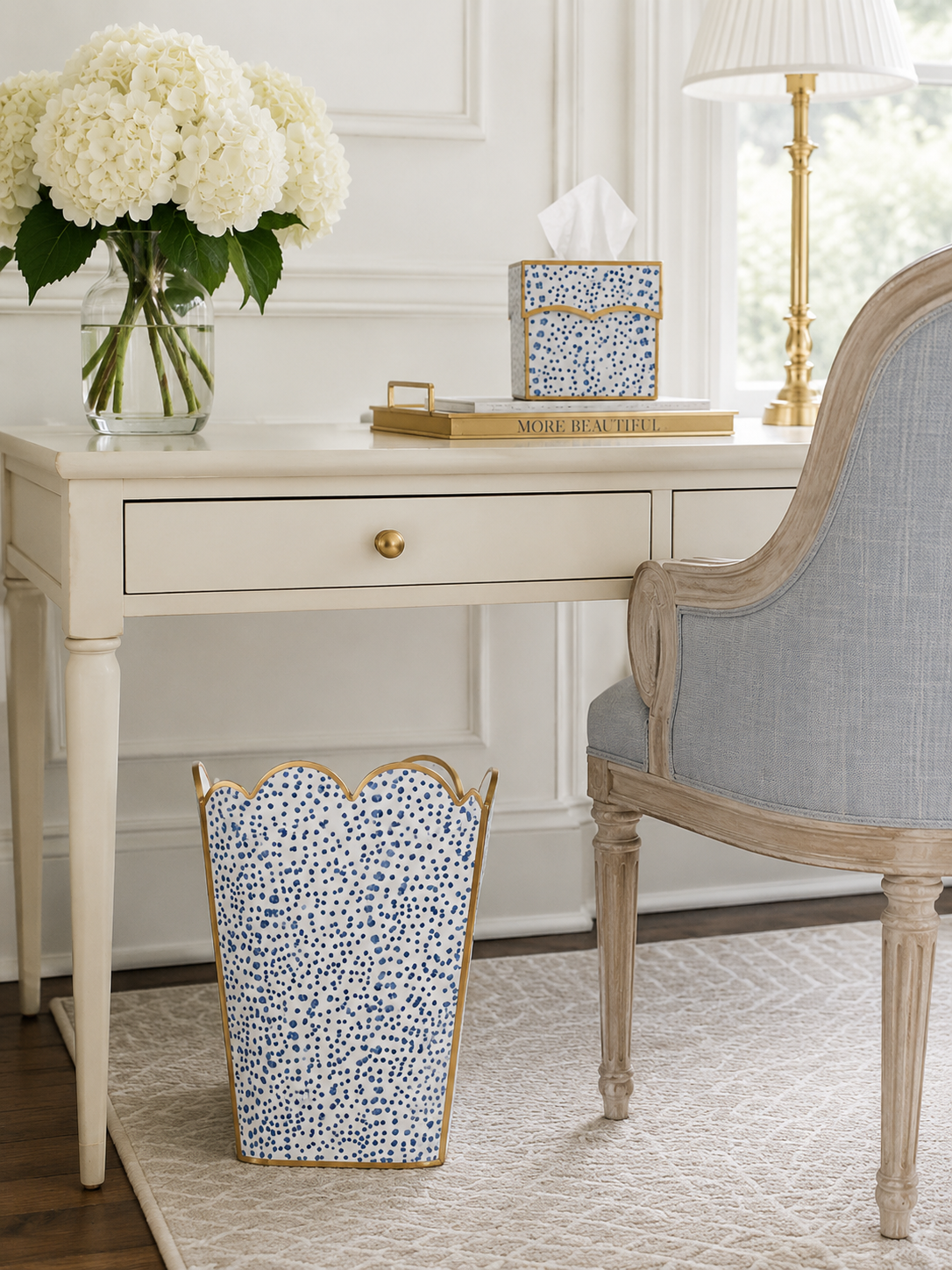 Navy Dot Square Scalloped Wastepaper Basket & Tissue Holder (3 Options)