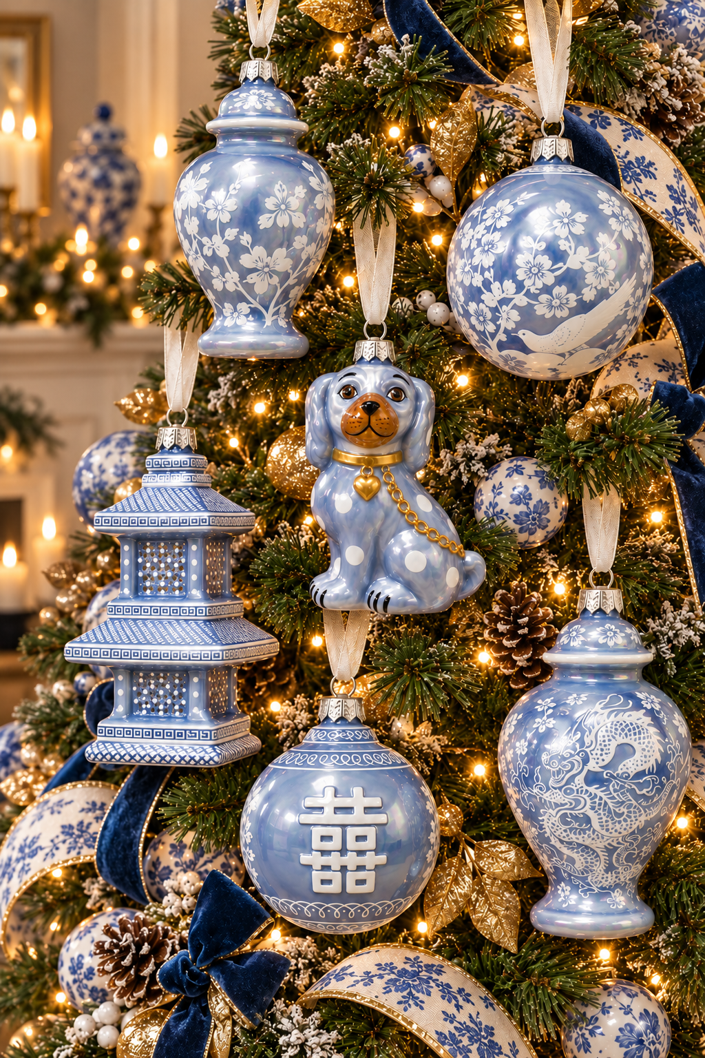 PEARLIZED BLUE & WHITE FLAT TOP HAPPINESS ORNAMENT
