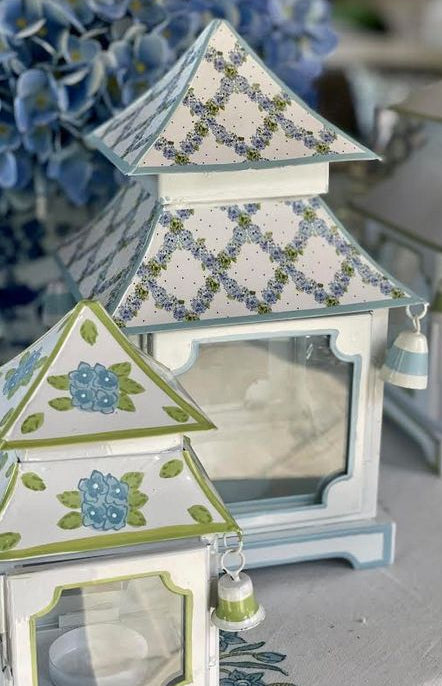 Soft Blue Hydrangea Garden Trellis Pagoda Lantern