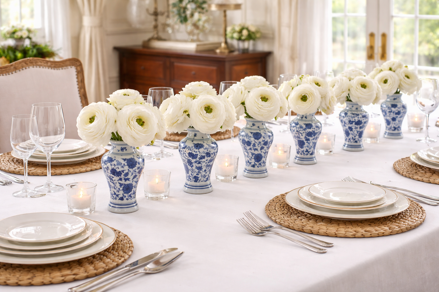 Set of 6 - Ranunculus in Blue & White Bud Vase