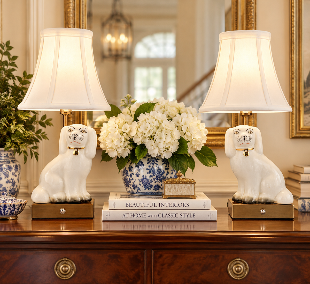 Pair White & Cream Staffordshire Dog Rechargeable Lamps