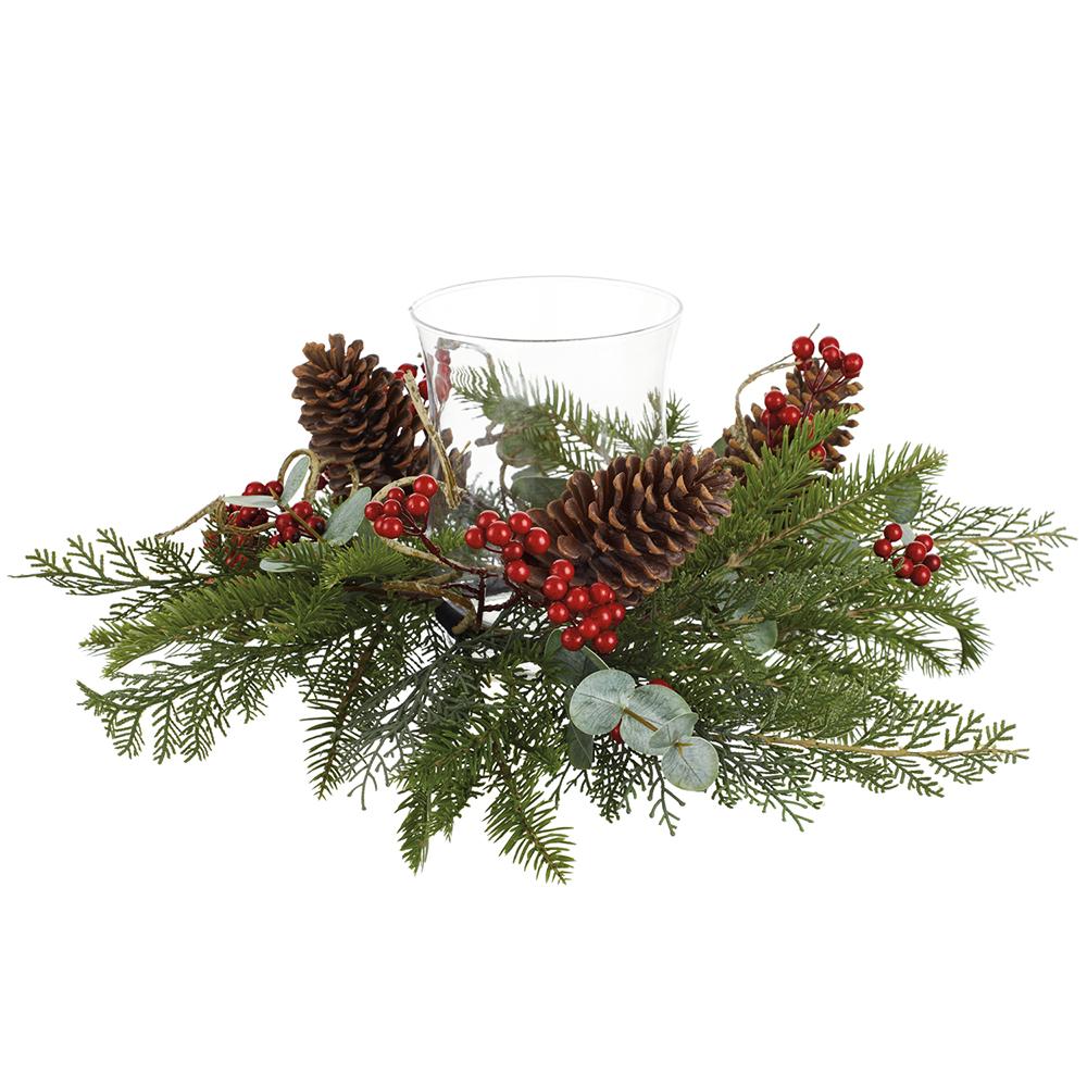 Berry & Pine Centerpiece With Glass Candleholder