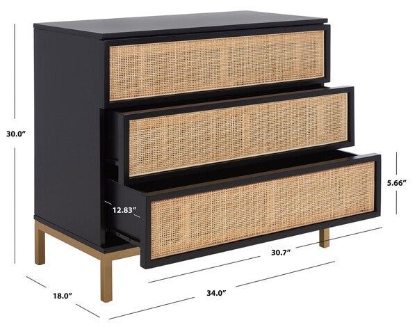 Zadie 3 Drawer Rattan Chest | Safavieh - CHS5004 - Black / Gold