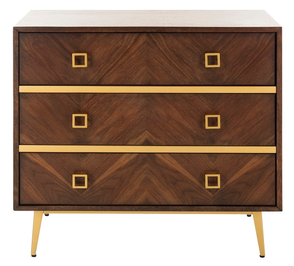 Katia 3 Drawer Chest, CHS6413 | Safavieh - Chevron Walnut/Gold