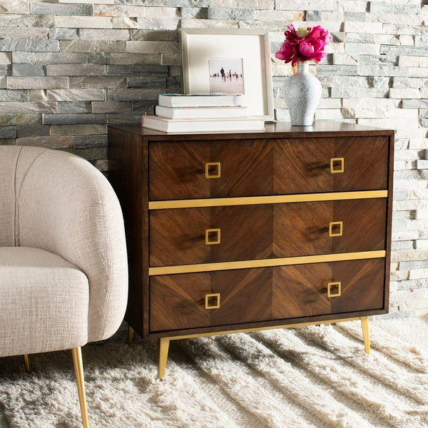 Katia 3 Drawer Chest, CHS6413 | Safavieh - Chevron Walnut/Gold