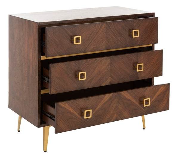 Katia 3 Drawer Chest, CHS6413 | Safavieh - Chevron Walnut/Gold