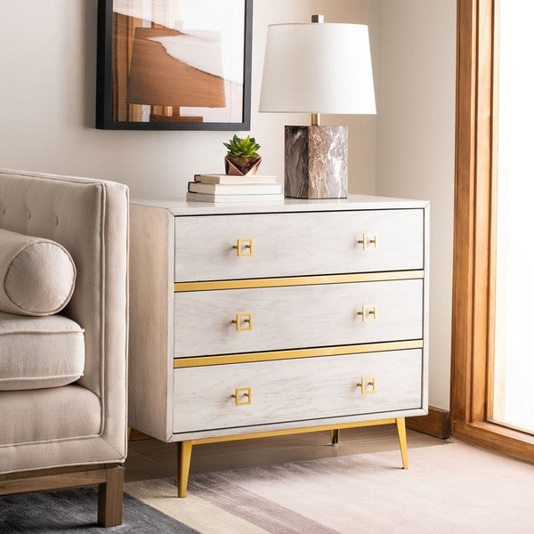 Katia 3 Drawer Chest, CHS6413 | Safavieh - White Wash/Gold