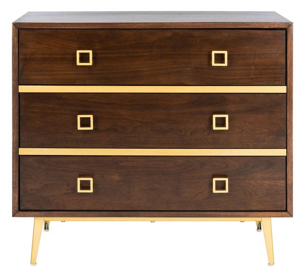 Katia 3 Drawer Chest, CHS6413 | Safavieh - Walnut/Gold