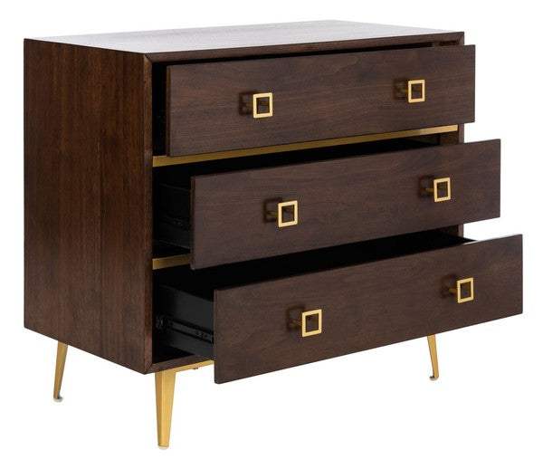 Katia 3 Drawer Chest, CHS6413 | Safavieh - Walnut/Gold