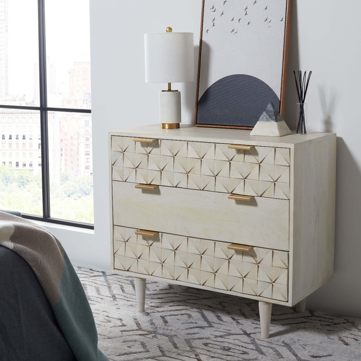 Zinnia 3 Drawer Chest  | Safavieh - White Washed / Silver