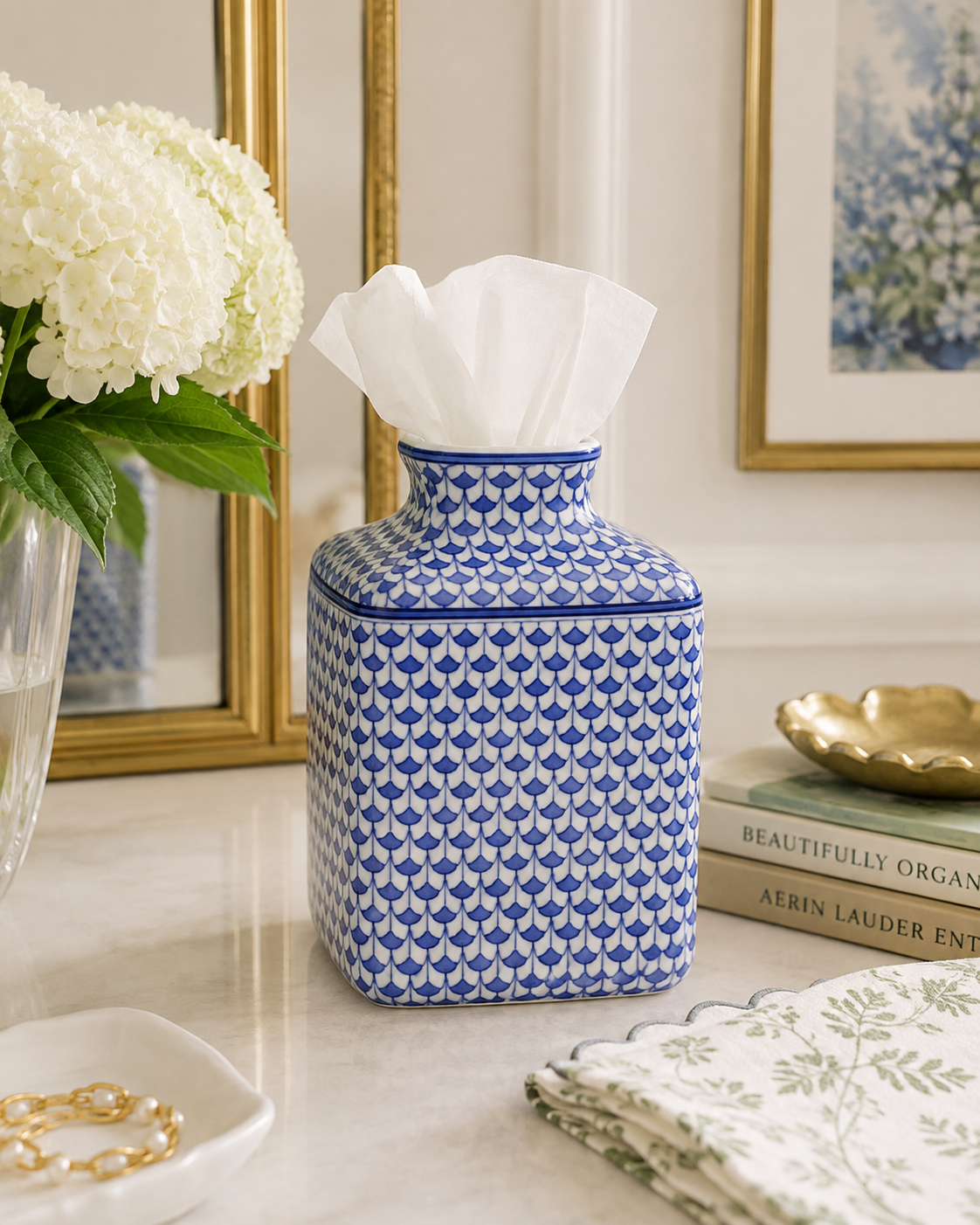 Blue & White Fish Scale Porcelain Tissue Holder