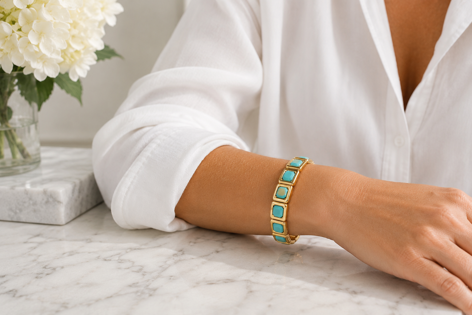 Square Turquoise Bead Gold Bracelet