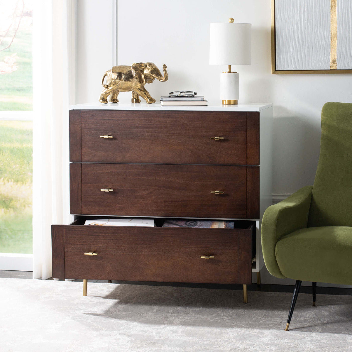 Genevieve 3 Drawer Dresser | Safavieh - Walnut/Black/Gold