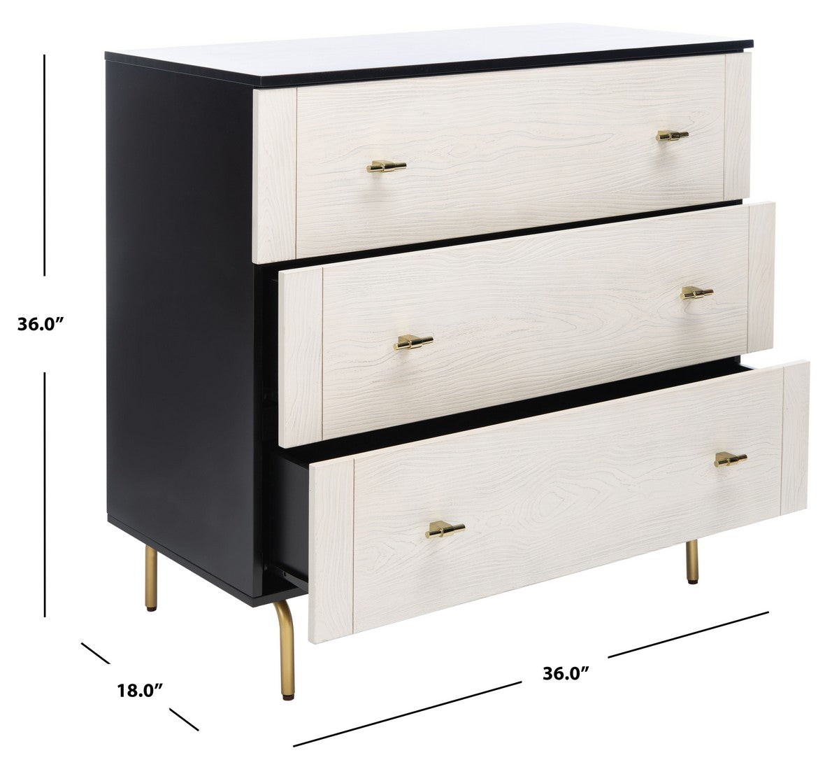 Genevieve 3 Drawer Dresser | Safavieh - Black / White Washed