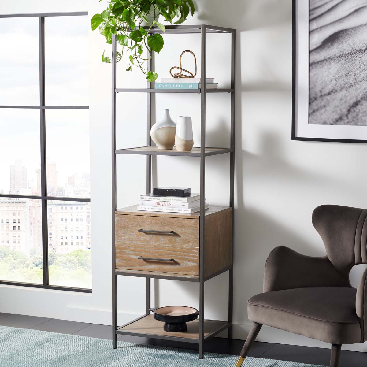 Jola 5 Shelf 1 Drawer Etagere | Safavieh - Rustic Oak / Gunmetal