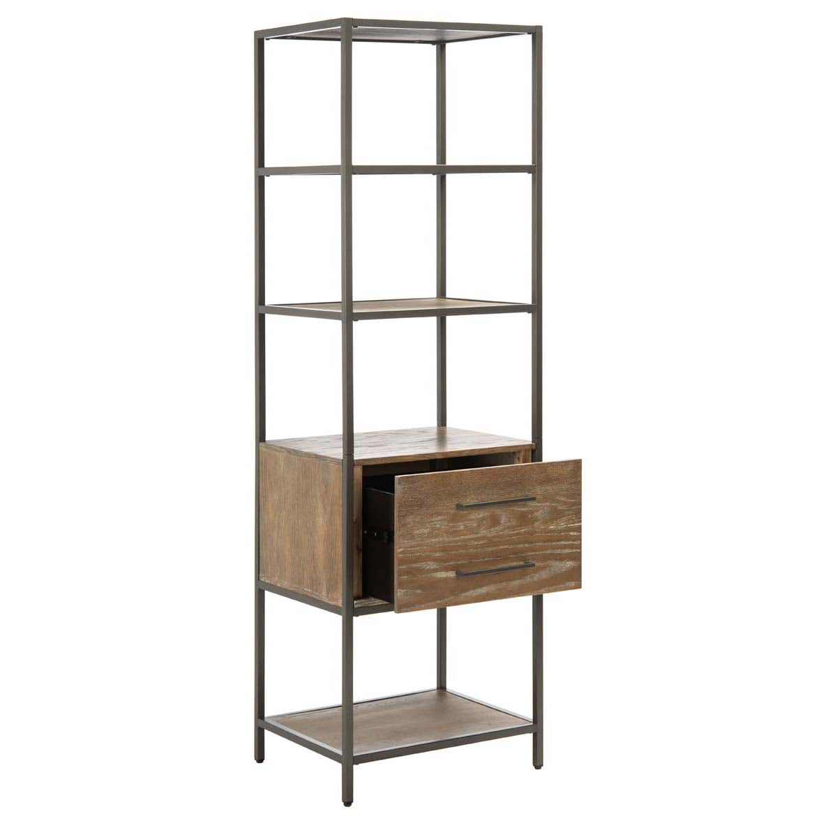 Jola 5 Shelf 1 Drawer Etagere | Safavieh - Rustic Oak / Gunmetal