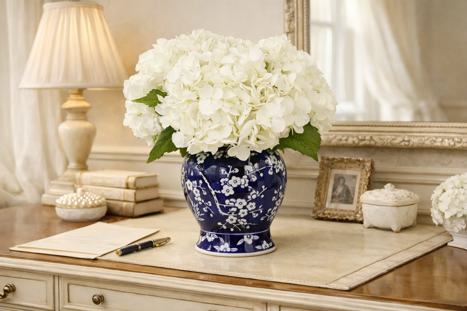 Navy Cherry Blossom Jar with White Hydrangeas