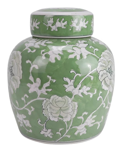 Green & White Floral Flat Top Jar