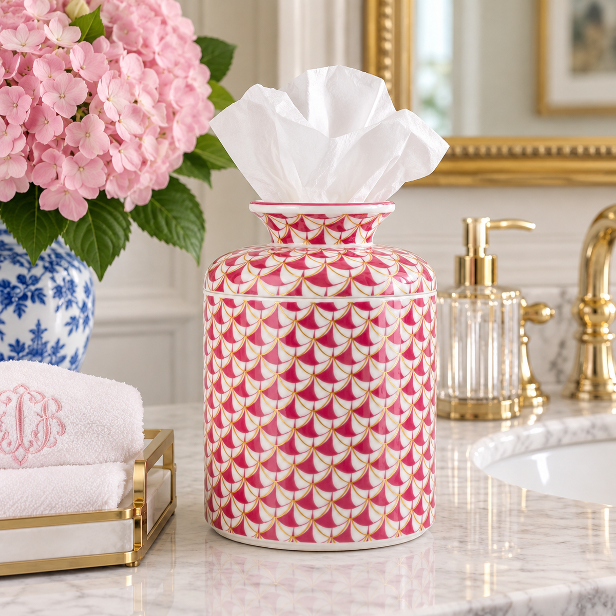 Pink Fishnet Porcelain Round Tissue Box