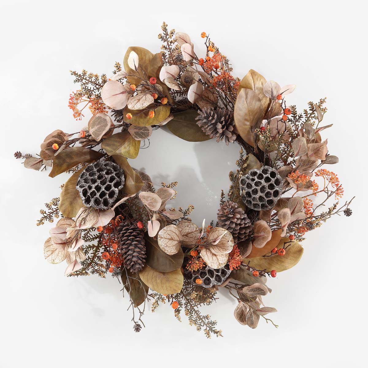 Faux 32 Inch Eucalyptus & Lotus Wreath W/ Pine Cones | Safavieh - FXP1051 - Multi