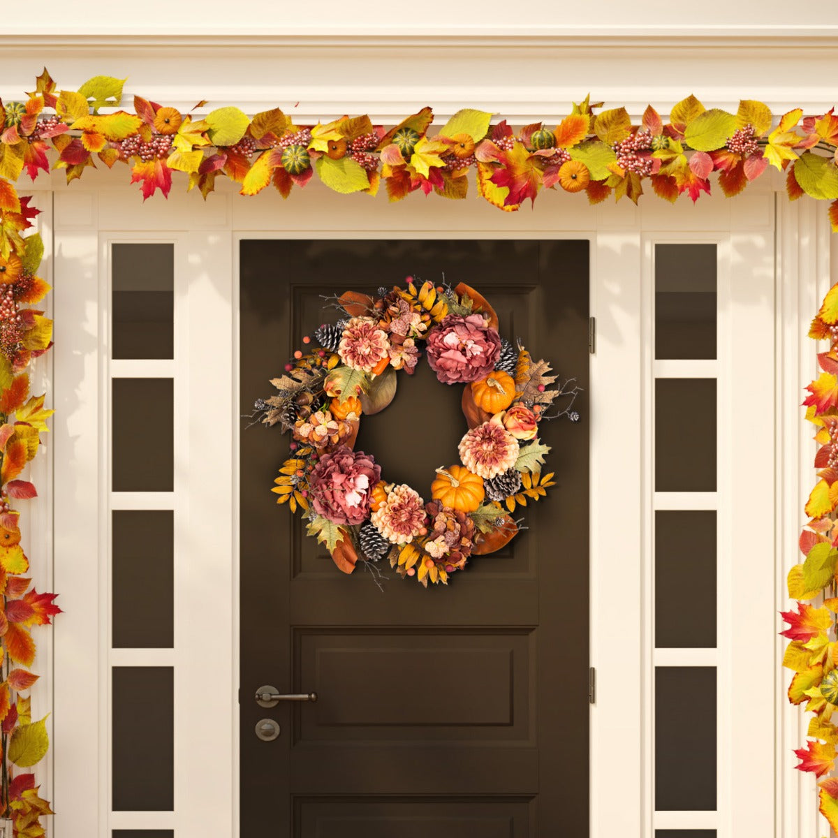 Faux 28 Inch Peony & Pumpkin Wreath W/ Pine Cones | Safavieh - FXP1053 - Multi