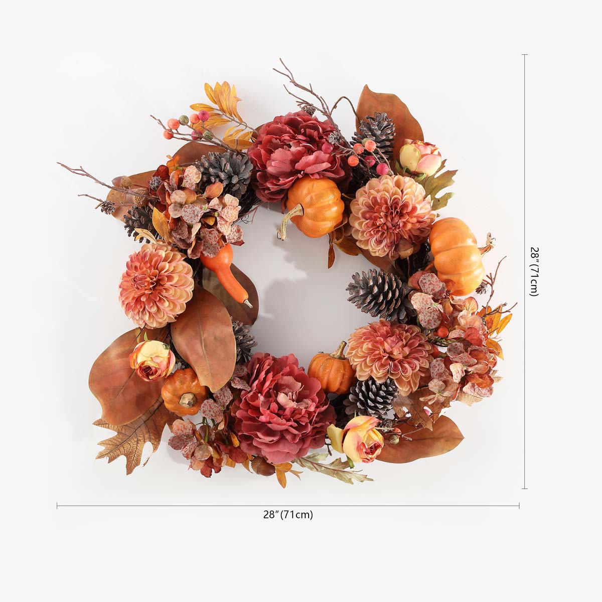 Faux 28 Inch Peony & Pumpkin Wreath W/ Pine Cones | Safavieh - FXP1053 - Multi