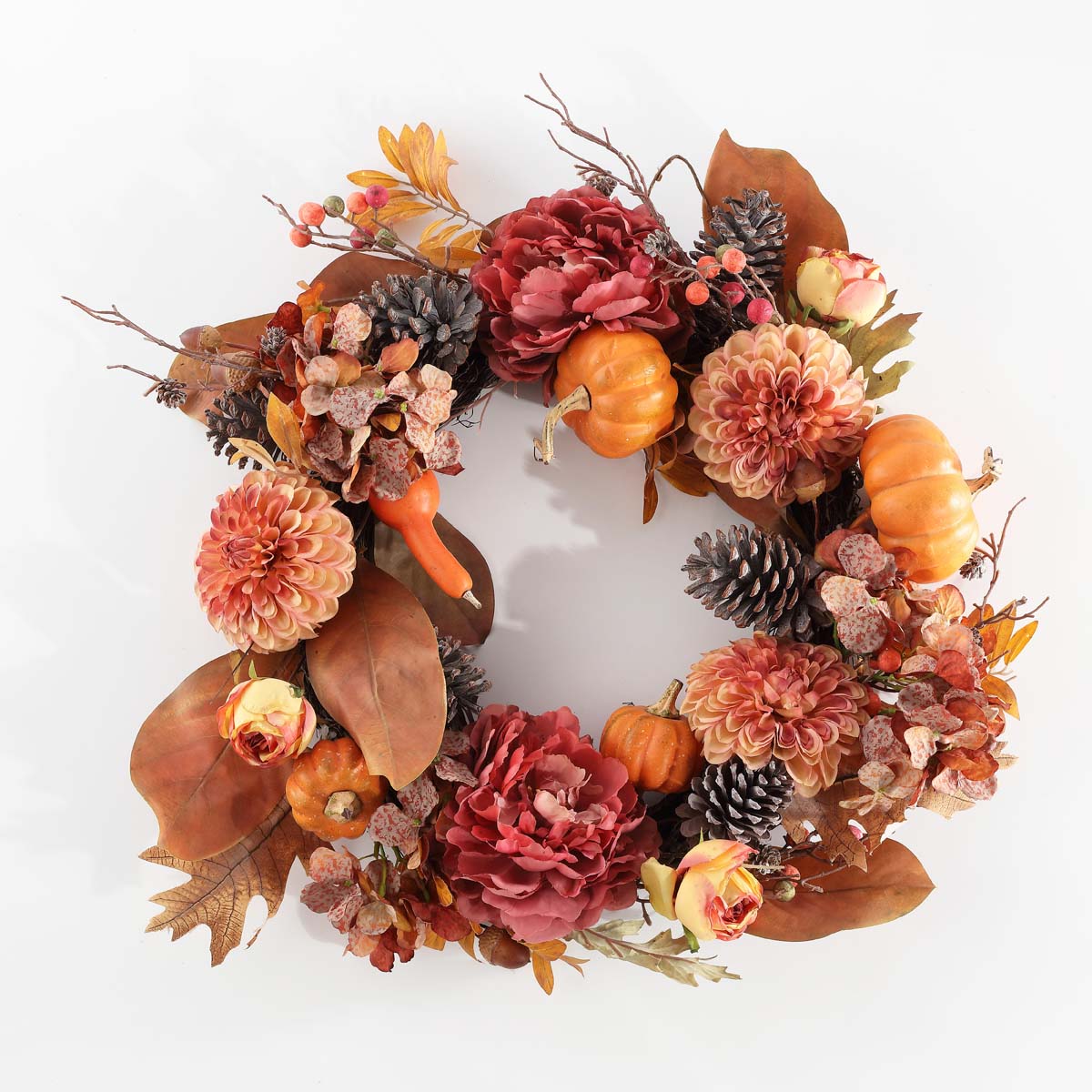 Faux 28 Inch Peony & Pumpkin Wreath W/ Pine Cones | Safavieh - FXP1053 - Multi