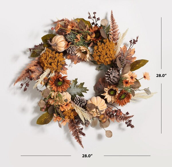 Faux 28 Inch Oak Leaf & Pumpkin Wreath W/ Pine Cones | Safavieh - FXP1056 - Multi