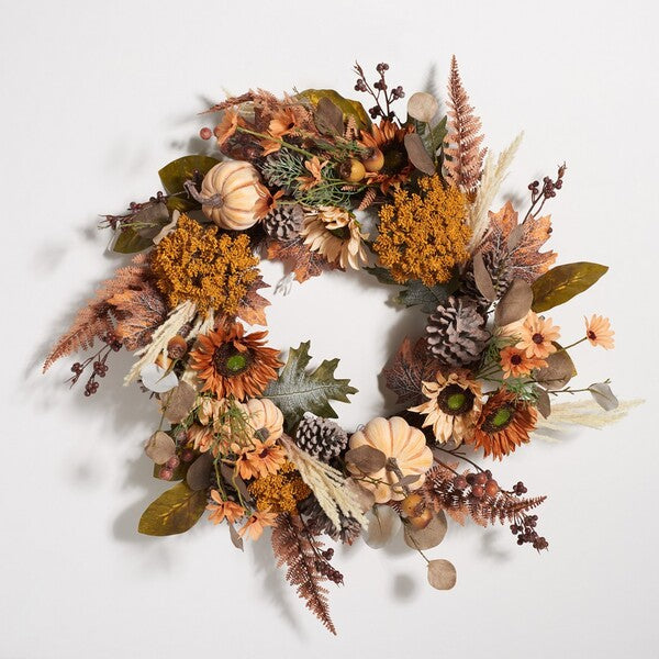 Faux 28 Inch Oak Leaf & Pumpkin Wreath W/ Pine Cones | Safavieh - FXP1056 - Multi