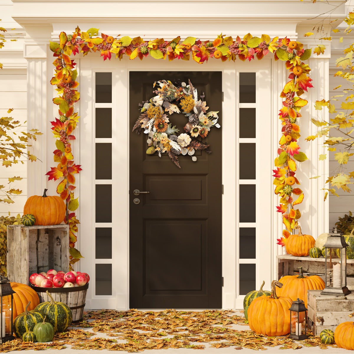 Faux 28 Inch Oak Leaf & Pumpkin Wreath W/ Pine Cones | Safavieh - FXP1056 - Multi