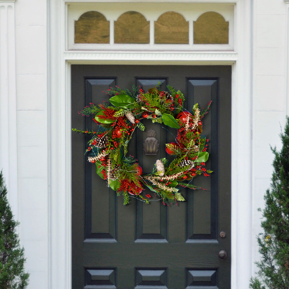 Faux 30 Inch Myrtle Led Wreath w/ Red Bells | Safavieh - FXP1092 - Green / Red