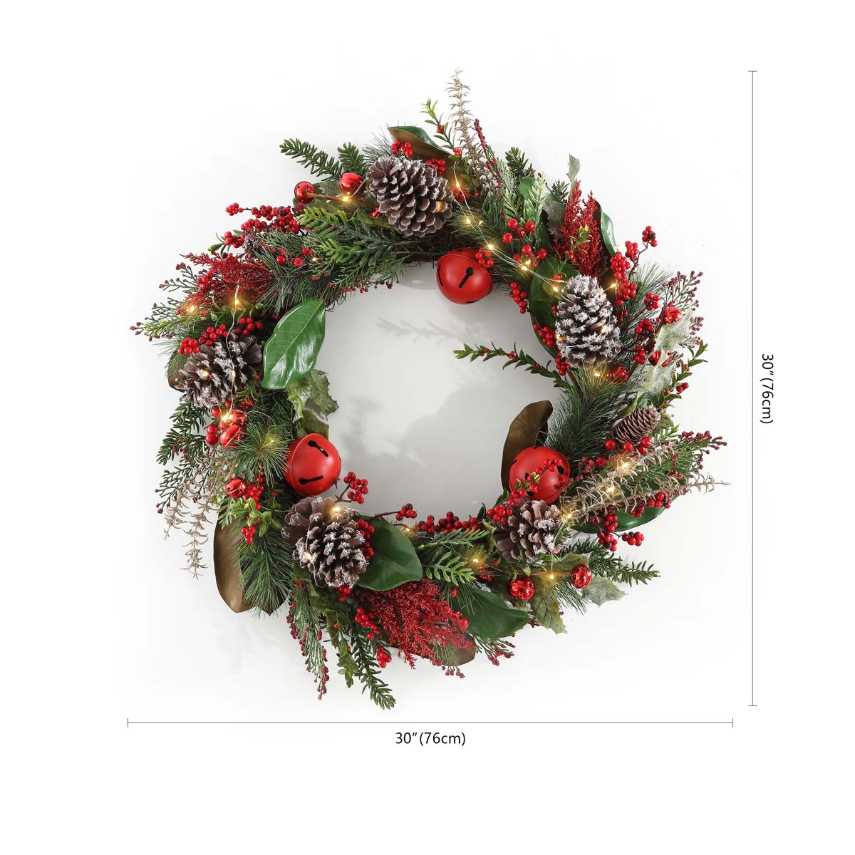 Faux 30 Inch Myrtle Led Wreath w/ Red Bells | Safavieh - FXP1092 - Green / Red