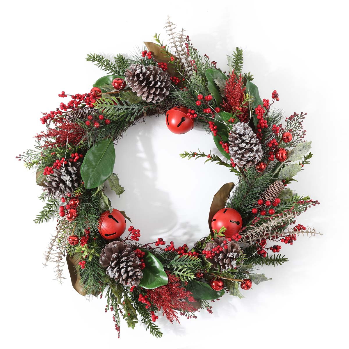 Faux 30 Inch Myrtle Led Wreath w/ Red Bells | Safavieh - FXP1092 - Green / Red