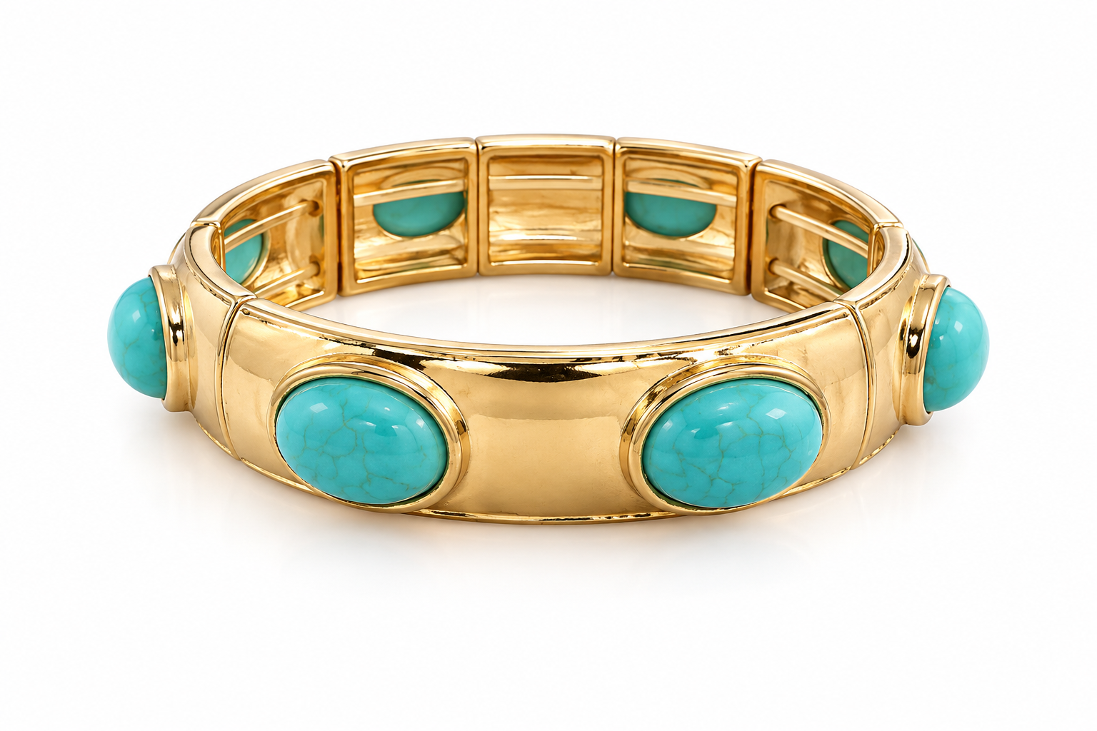 Turquoise Marbled Oval Stone Accent Hammered Metal Beaded Stretch Bracelet