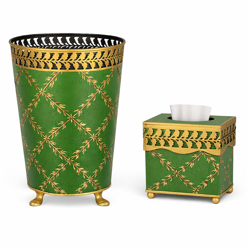 Moss Green & Gold Leaf Wastepaper Basket & Tissue